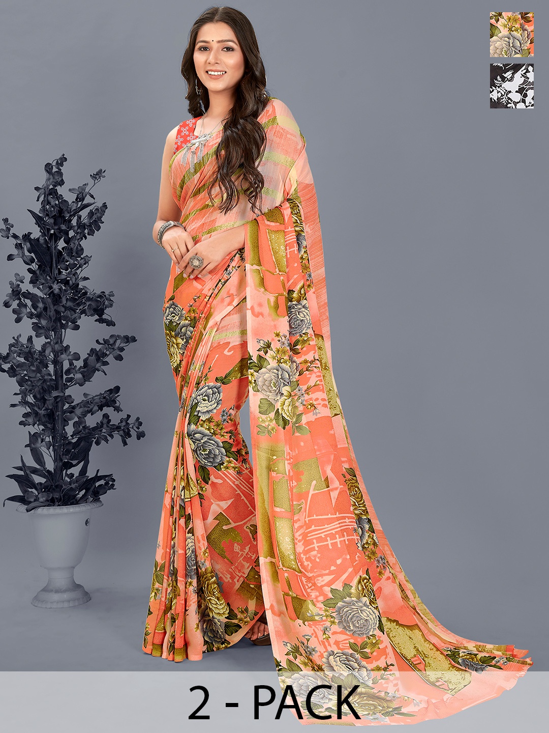

ANAND SAREES Floral Saree, Peach