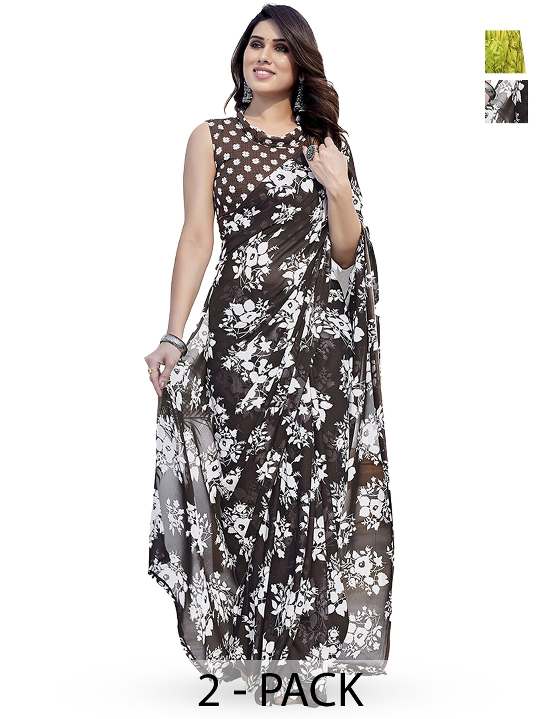 

ANAND SAREES Selection Of 2 Floral Printed Sarees, Black