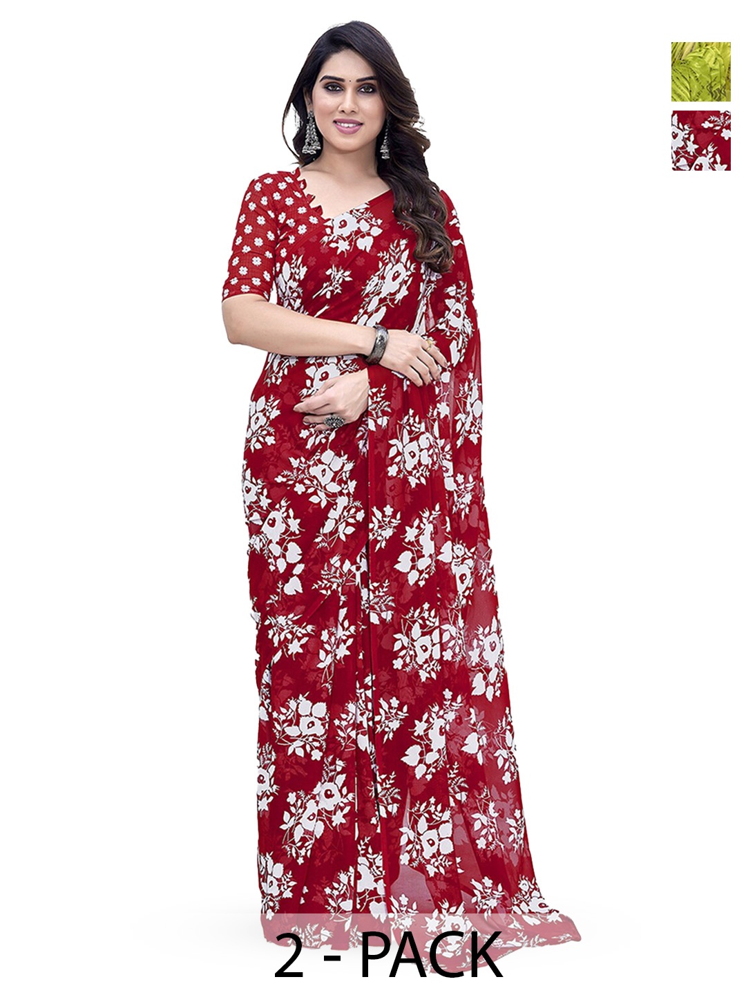

ANAND SAREES Selection Of 2 Floral Printed Sarees, Red