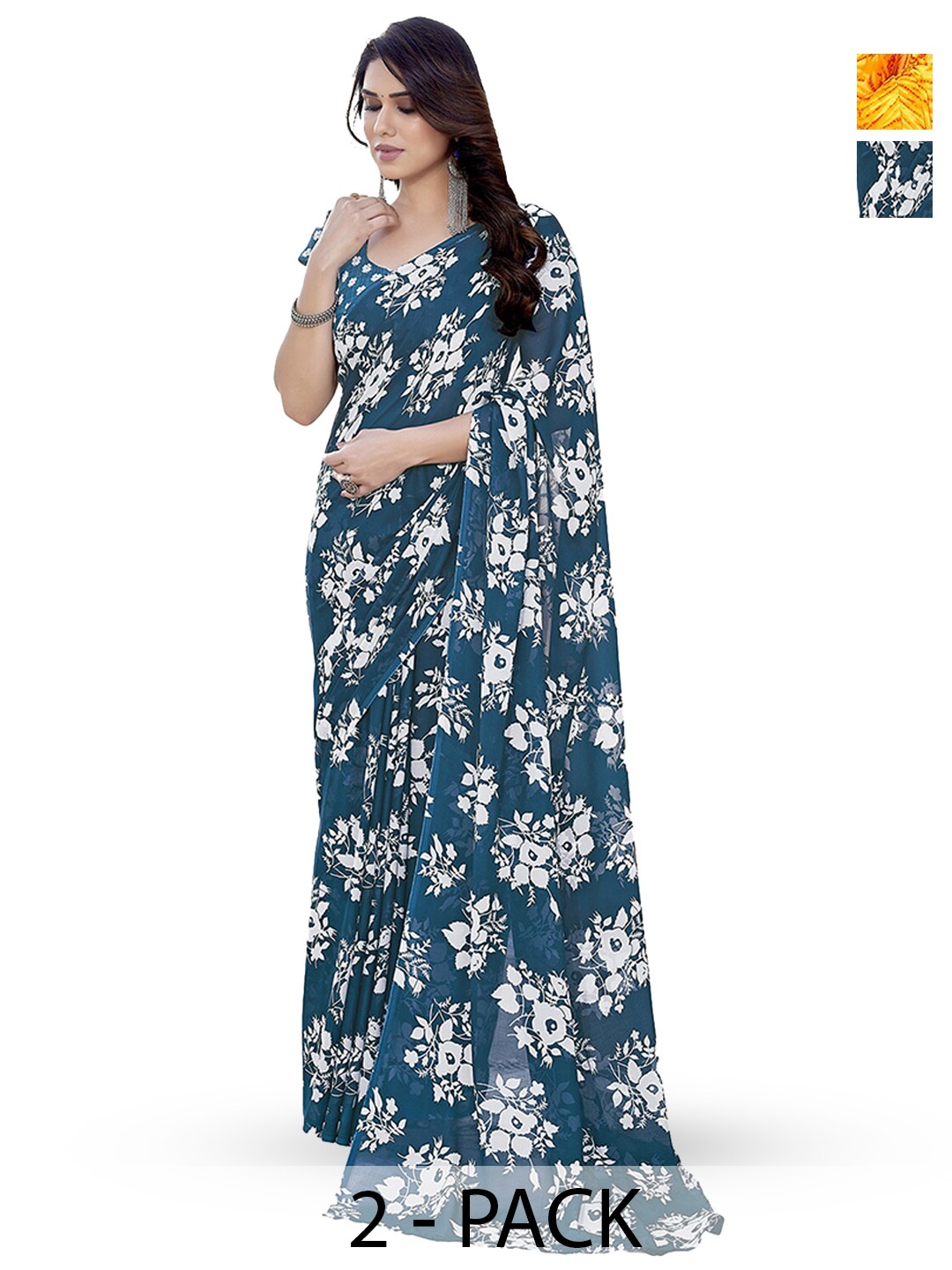 

ANAND SAREES Selection Of 2 Floral Printed Sarees, Teal