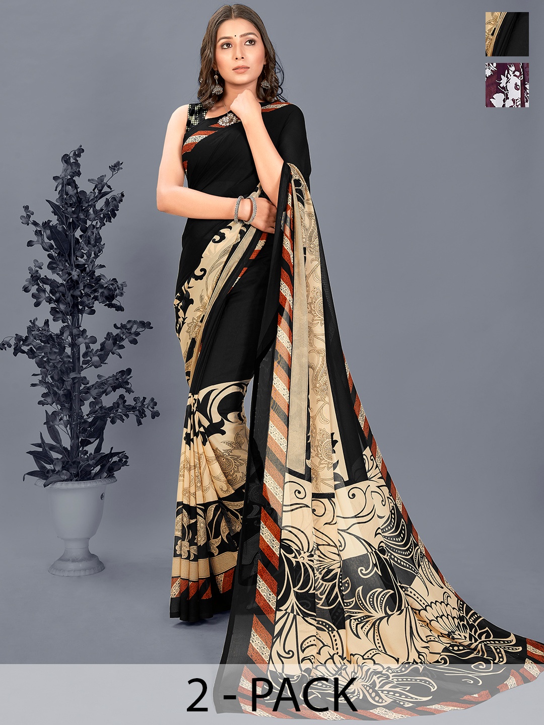 

ANAND SAREES Pack Of 2 Floral Saree, Black