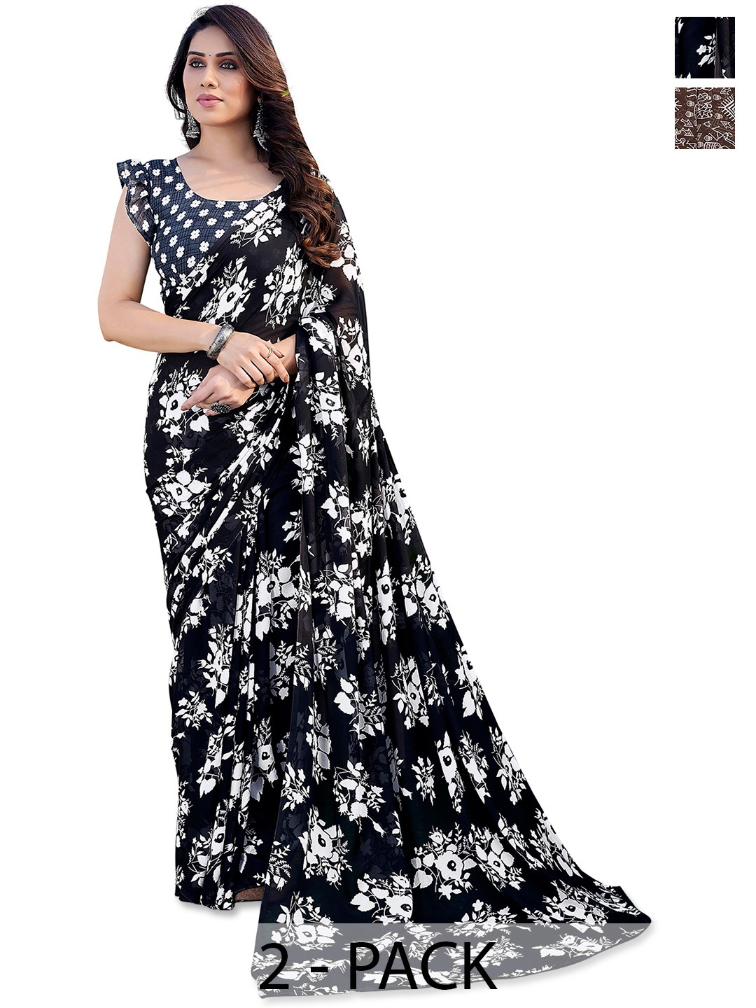 

ANAND SAREES Pack Of 2 Floral Saree, Black