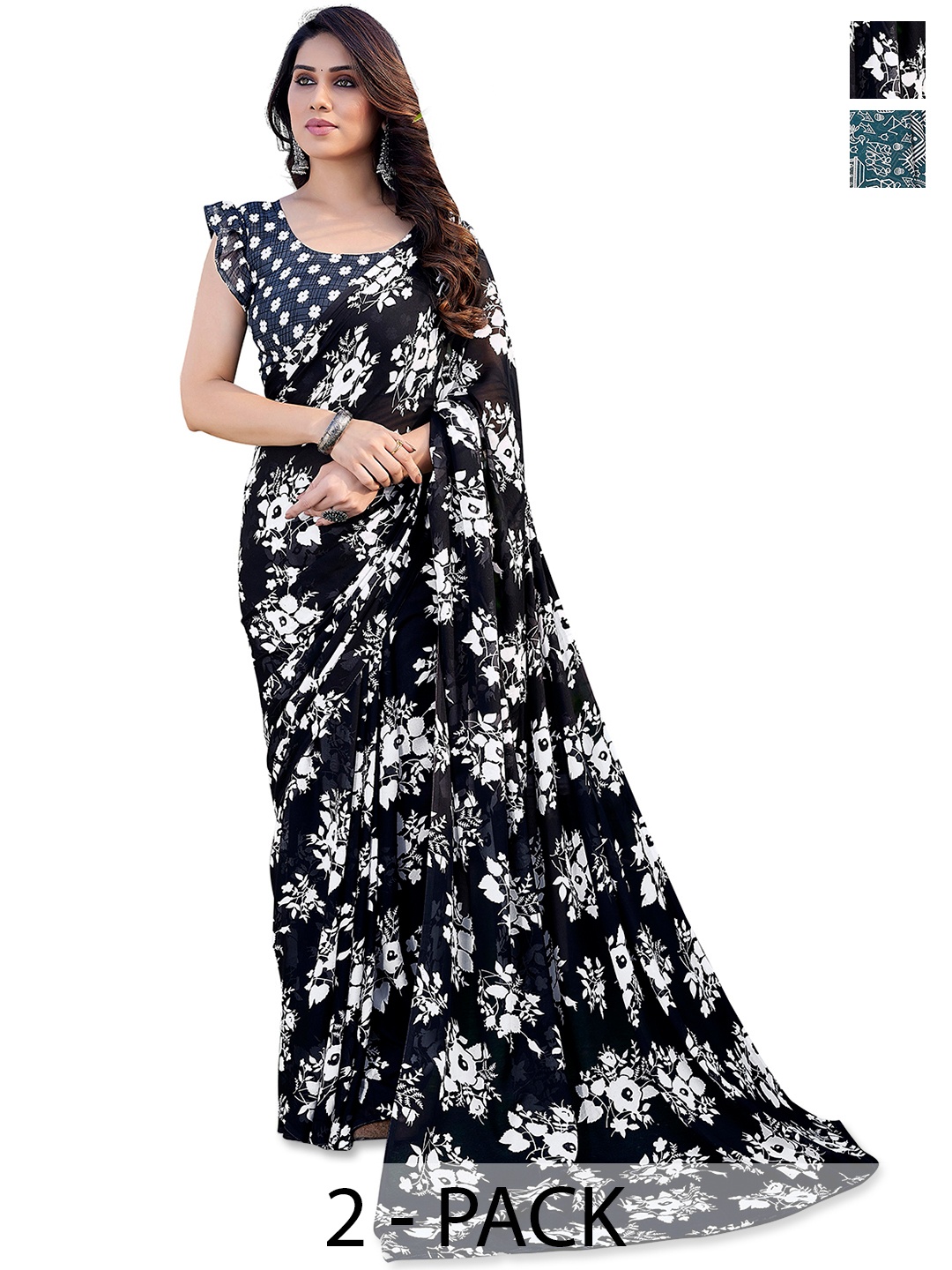 

ANAND SAREES Pack Of 2 Floral Saree, Black