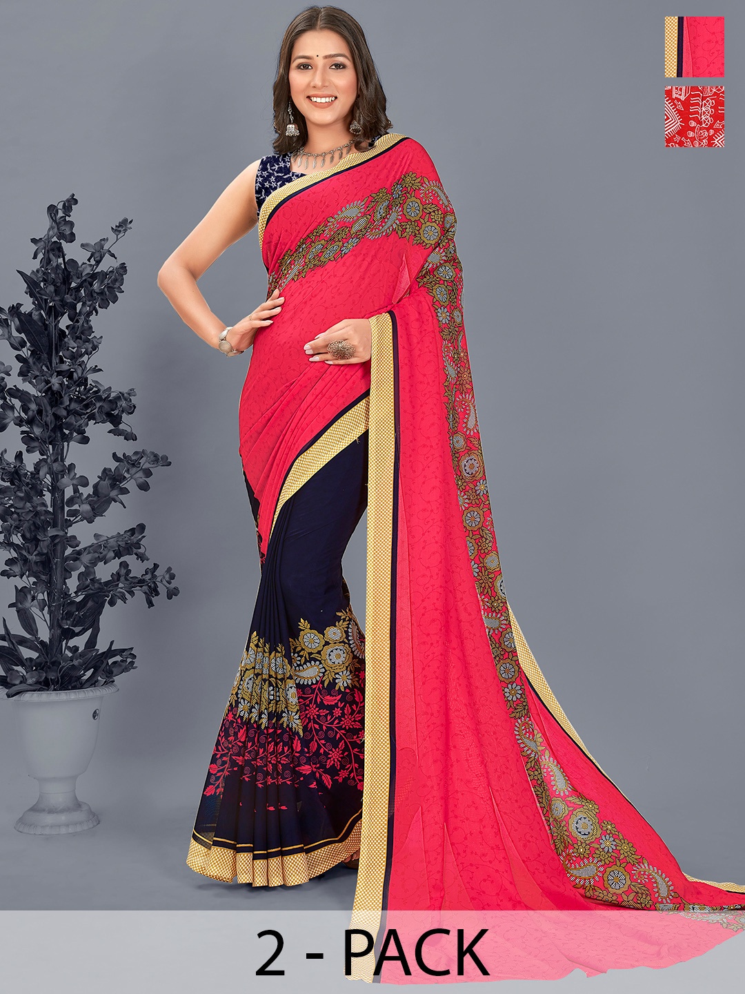 

ANAND SAREES Ethnic Motifs Saree Pack of 2, Red