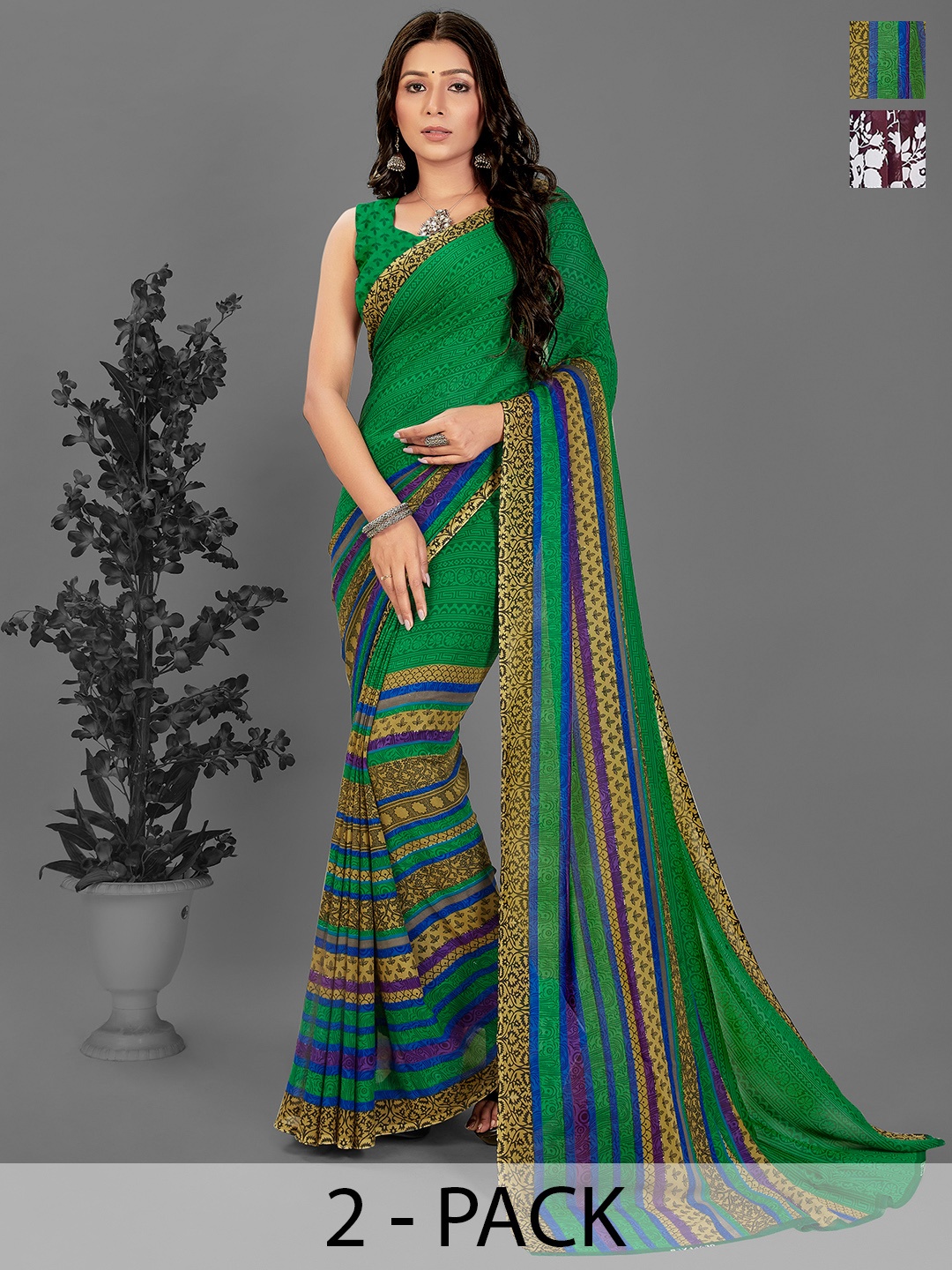 

ANAND SAREES Ethnic Motifs Saree Pack of 2, Green