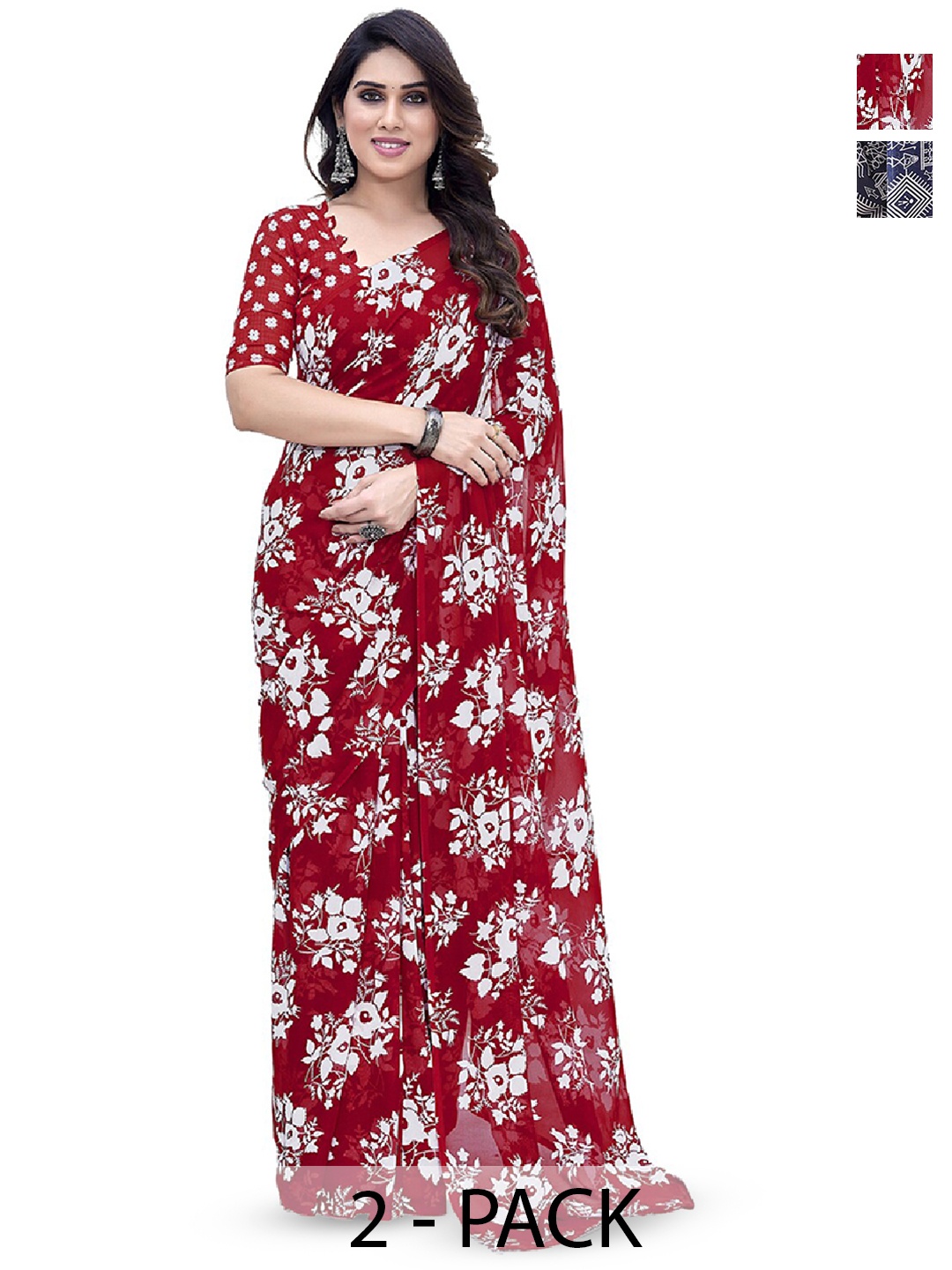 

ANAND SAREES Selection Of 2 Floral Printed Sarees, Red