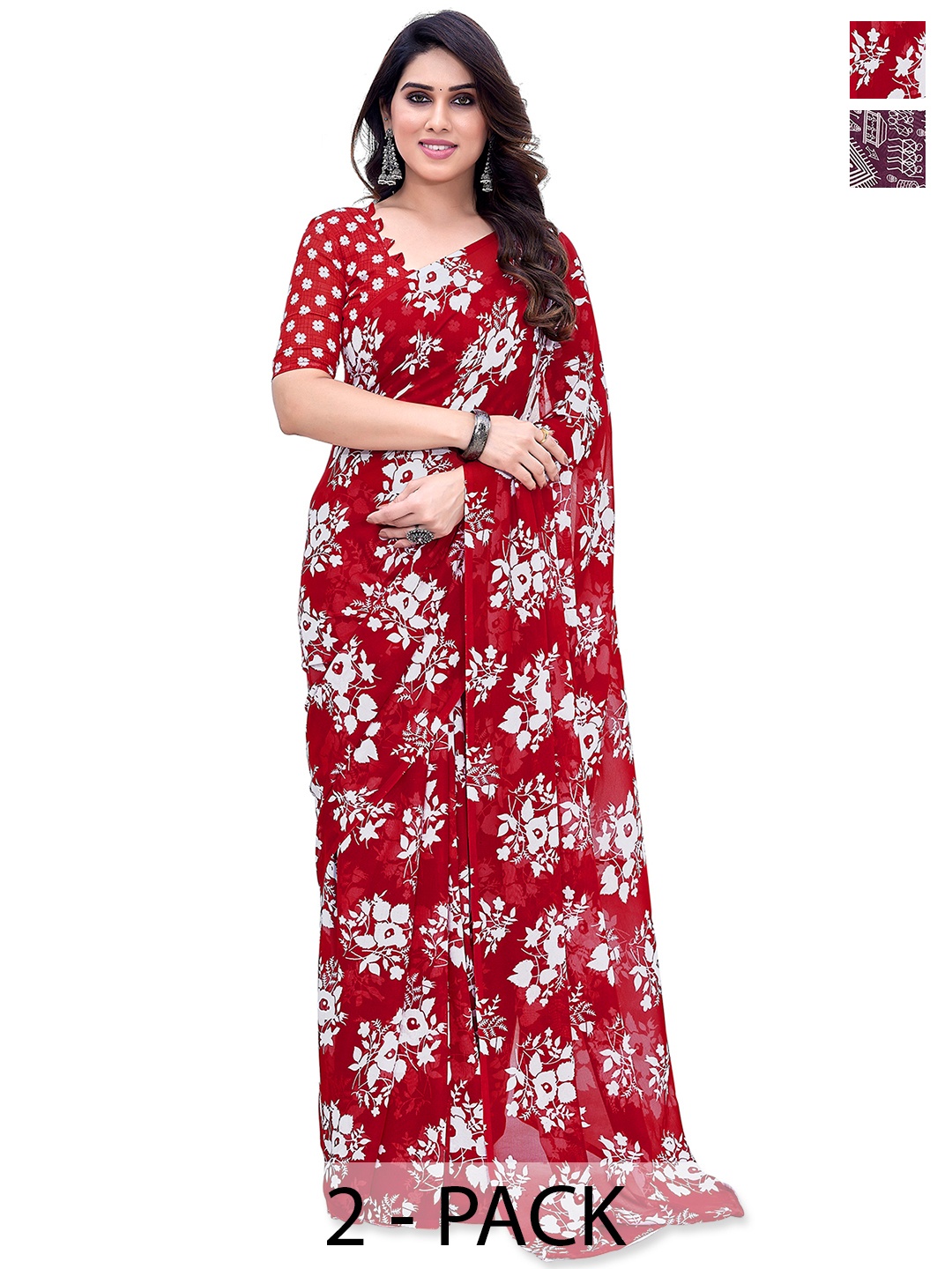 ANAND SAREES Floral Saree Pack of 2, Red