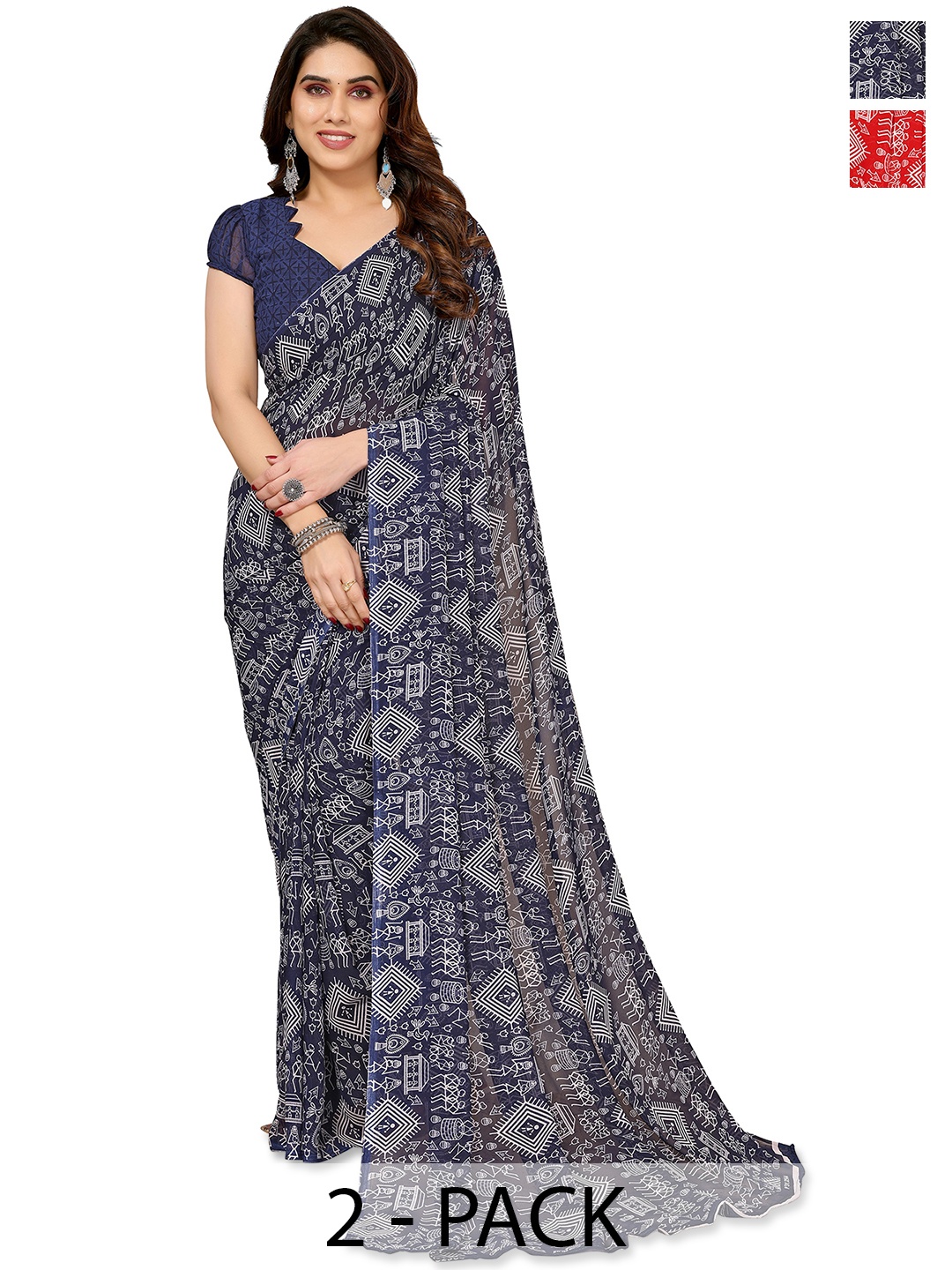 

ANAND SAREES Warli Pack of 2 Saree, Blue