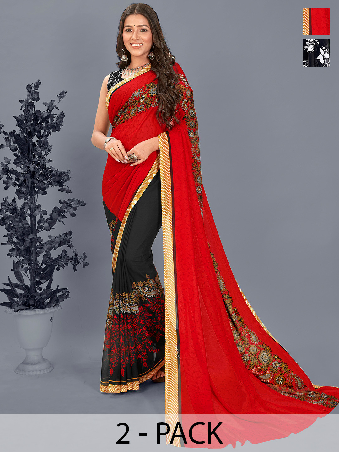 

ANAND SAREES Floral Saree Pack of 2, Black
