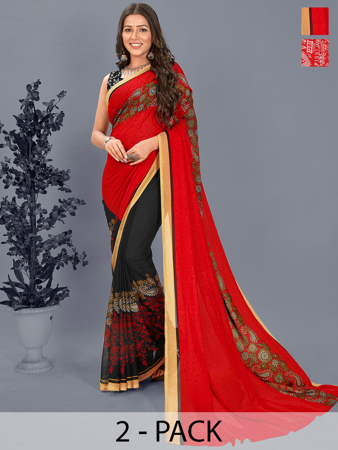 

ANAND SAREES Floral Saree Pack of 2, Red