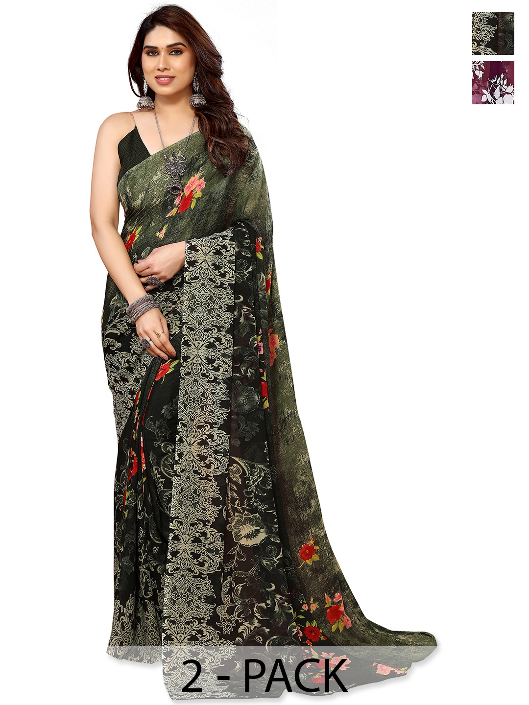 

ANAND SAREES Floral Saree Pack of 2, Green
