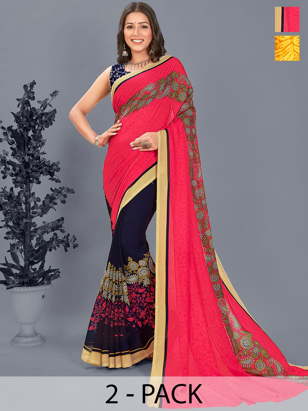 

ANAND SAREES Floral Saree Pack of 2, Yellow