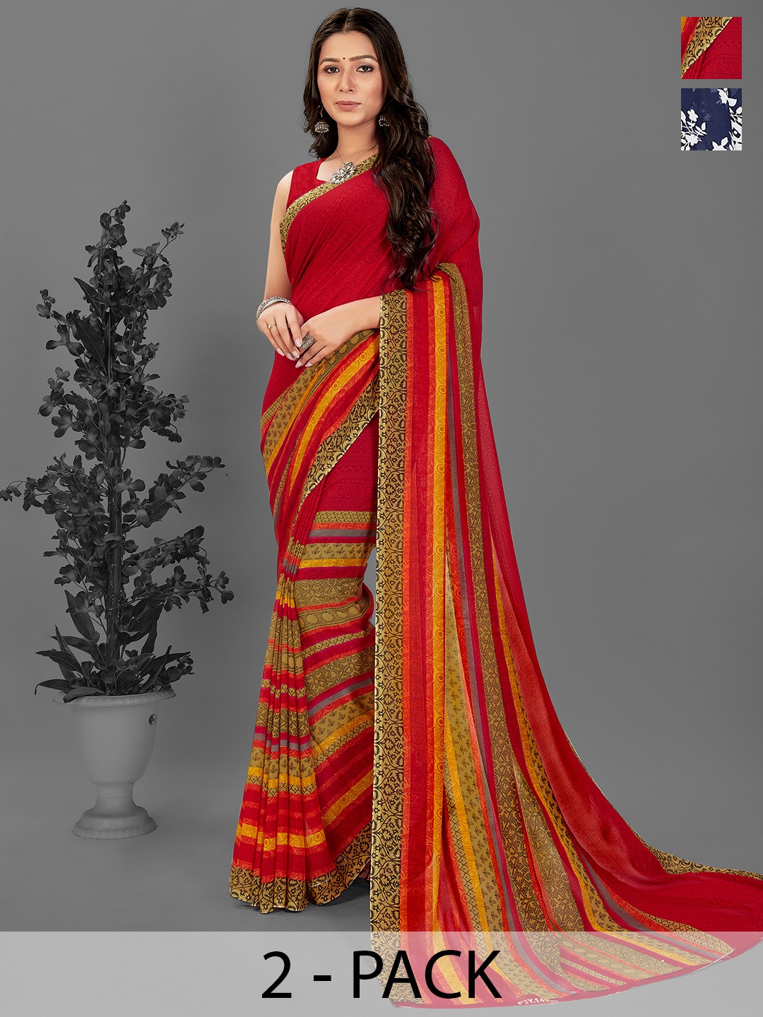 ANAND SAREES Floral Saree Pack of 2, Navy blue