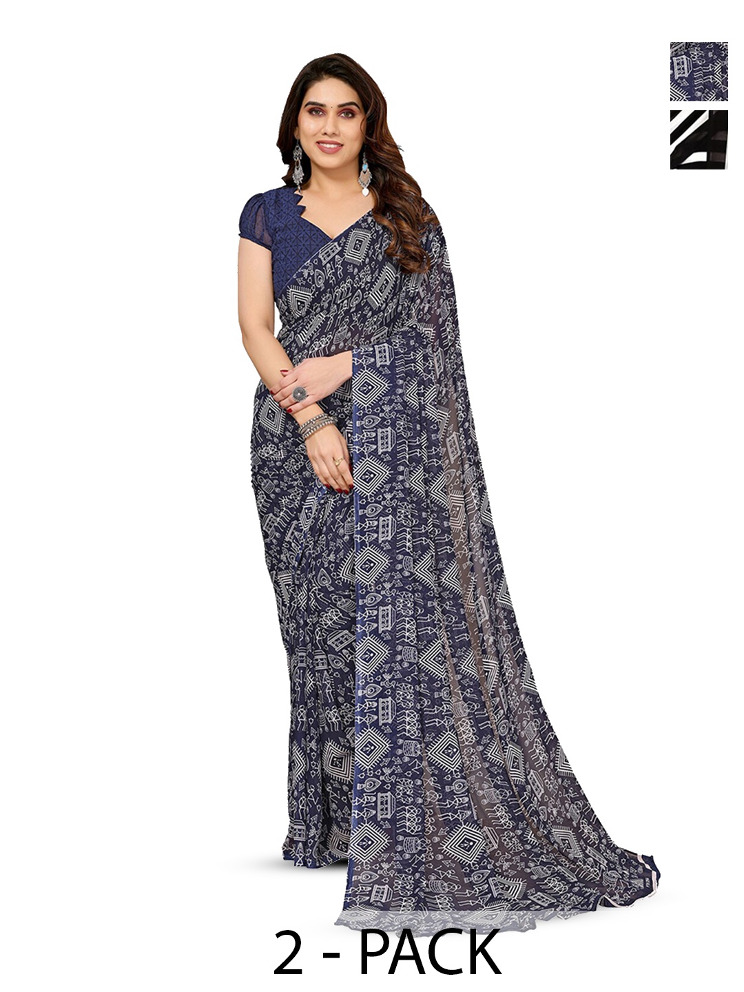 

ANAND SAREES Selection Of 2 Printed Sarees, Blue