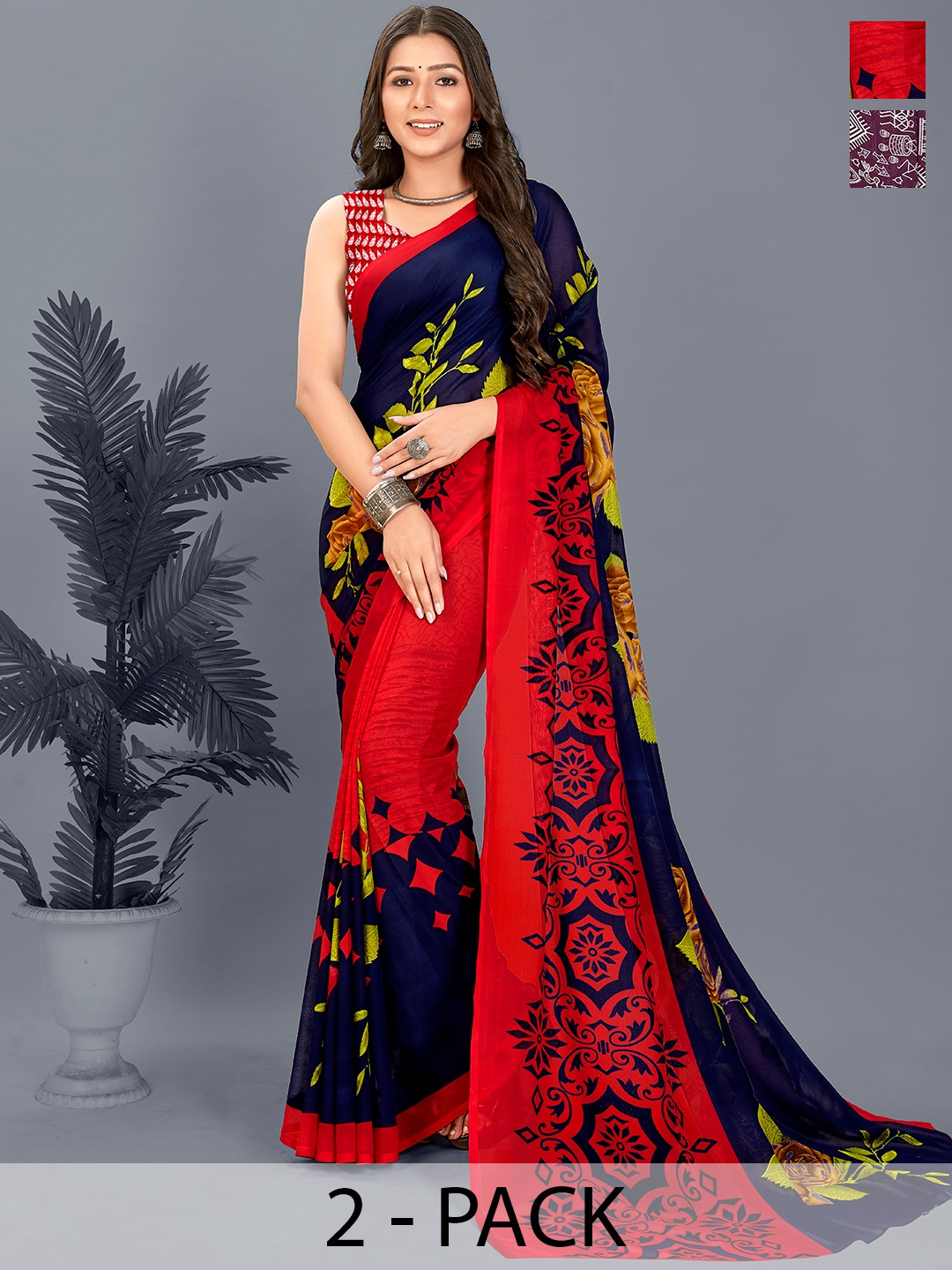 

ANAND SAREES Floral Half and Half Saree Pack of 2, Purple