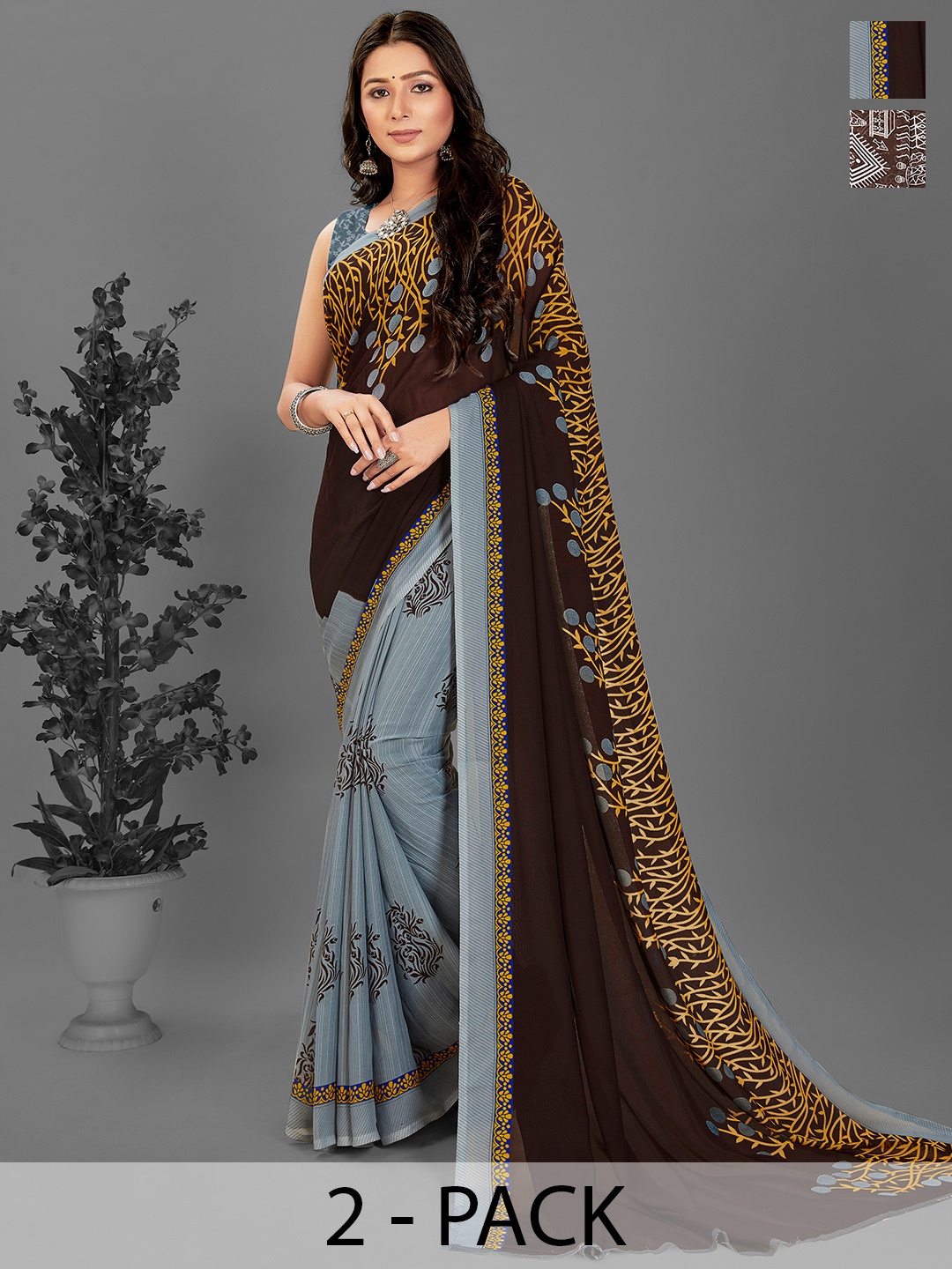 

ANAND SAREES Selection of 2 Printed Half and Half Saree, Coffee brown