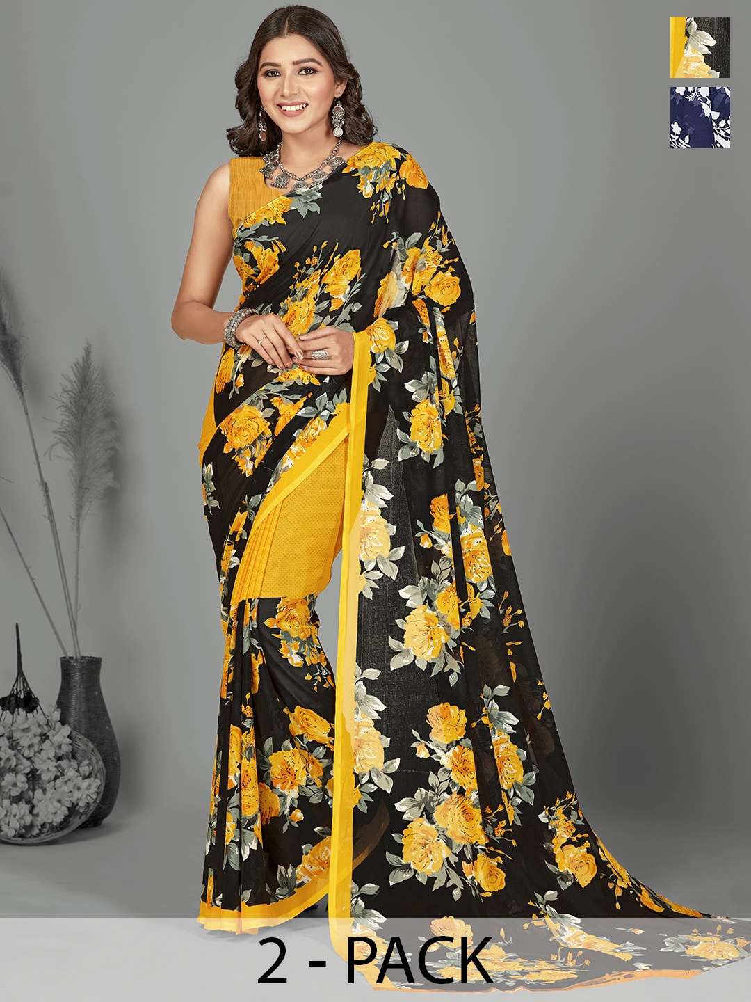 

ANAND SAREES Floral Saree Pack of 2, Blue