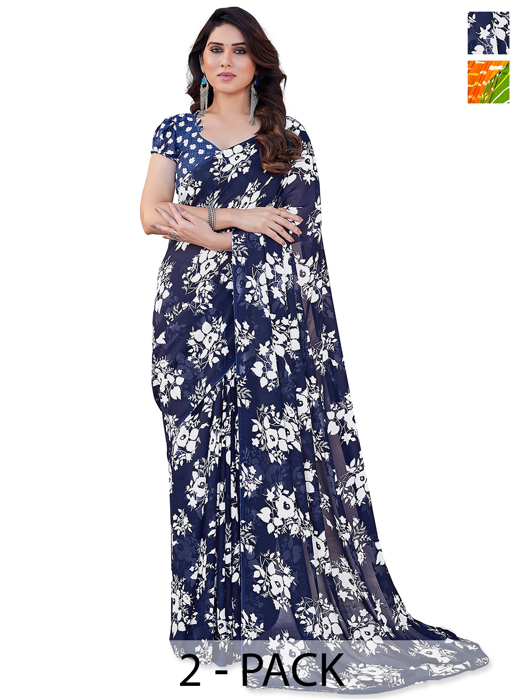ANAND SAREES Floral Saree Pack of 2, Green
