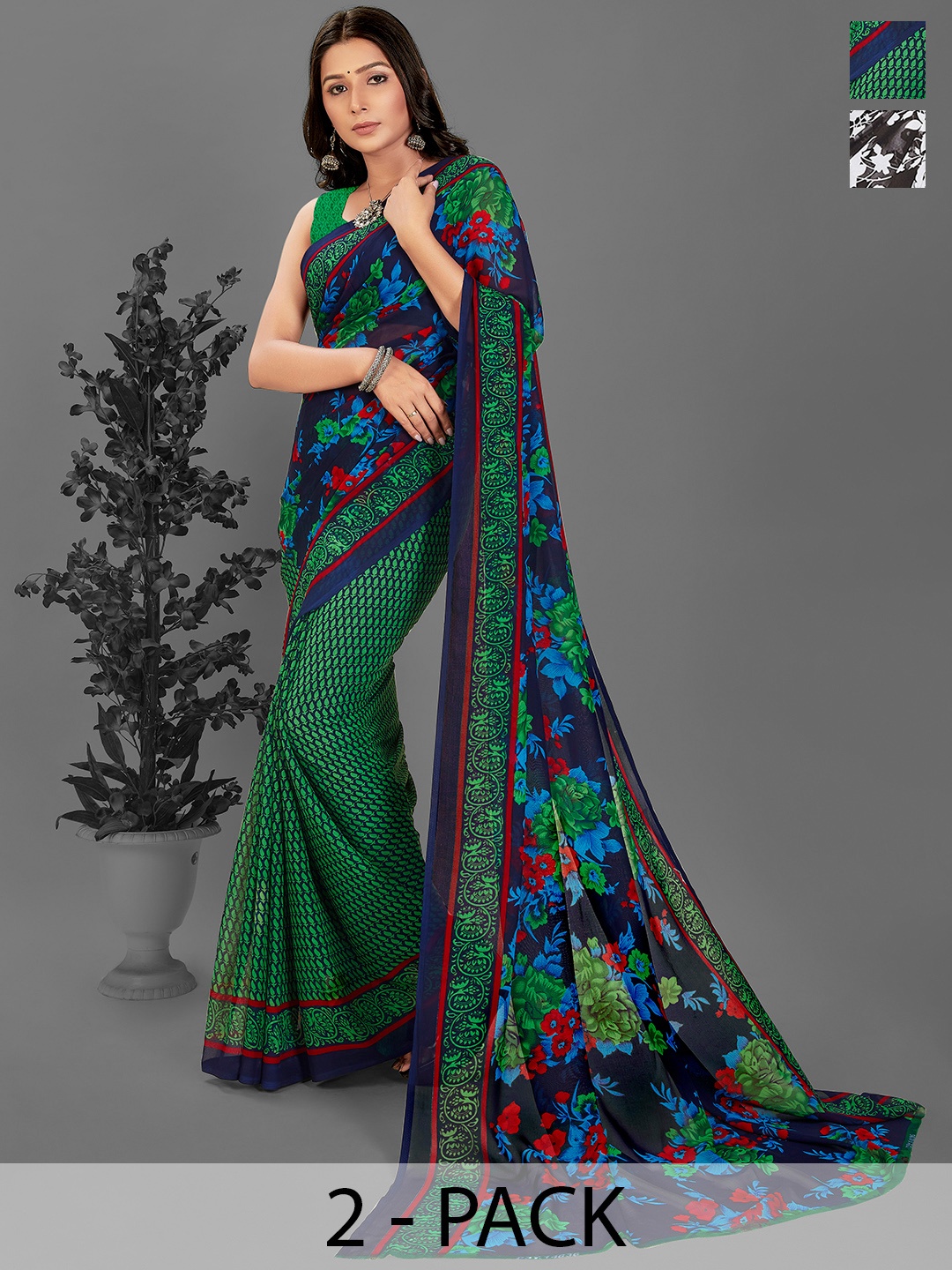 

ANAND SAREES Floral Half and Half Saree Pack of 2, Green