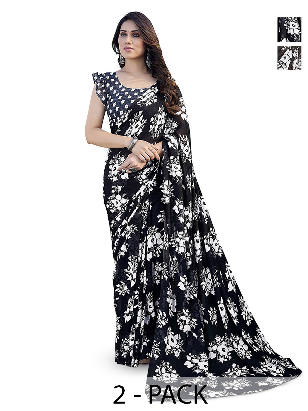 ANAND SAREES Selection Of 2 Floral Printed Saree, Brown