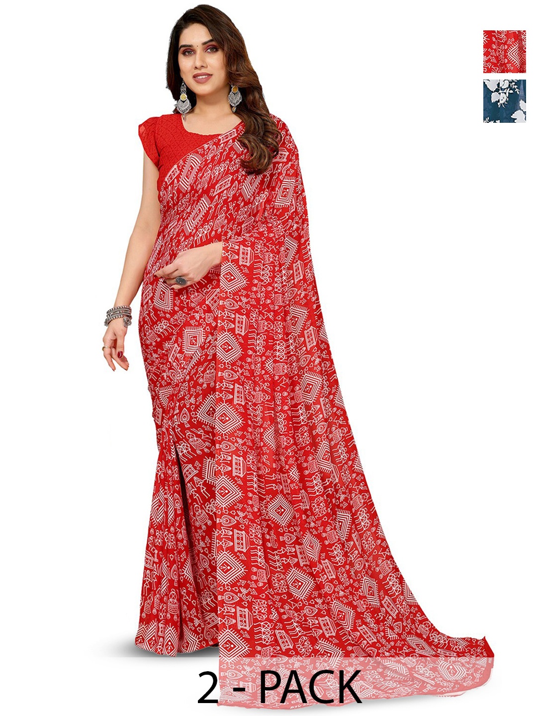 

ANAND SAREES Selection Of 2 Floral Printed Saree, Red