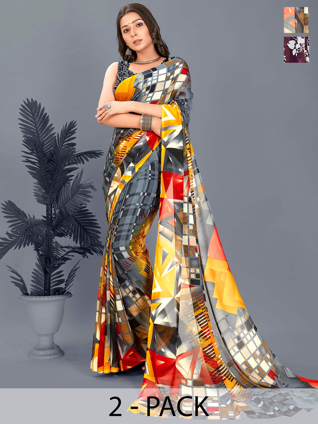 ANAND SAREES Floral Saree Pack of 2, Burgundy