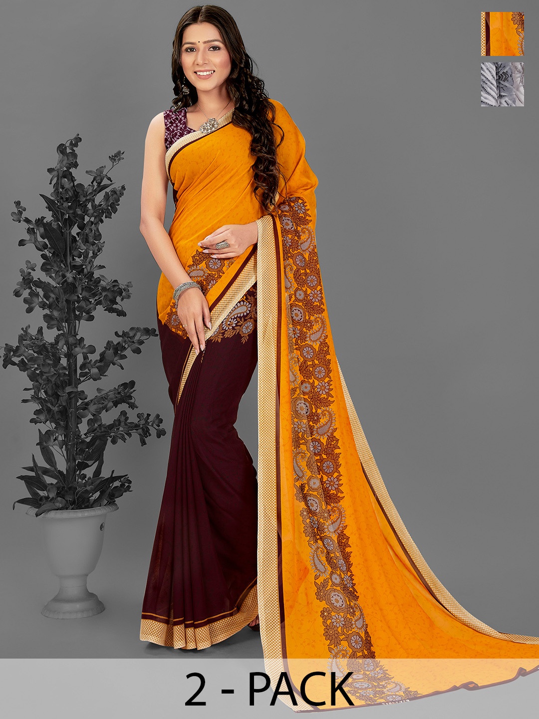 ANAND SAREES Floral Half and Half Saree Pack of 2, Mustard