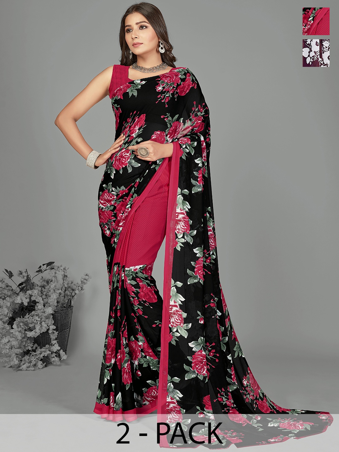 

ANAND SAREES Floral Saree Pack of 2, Burgundy