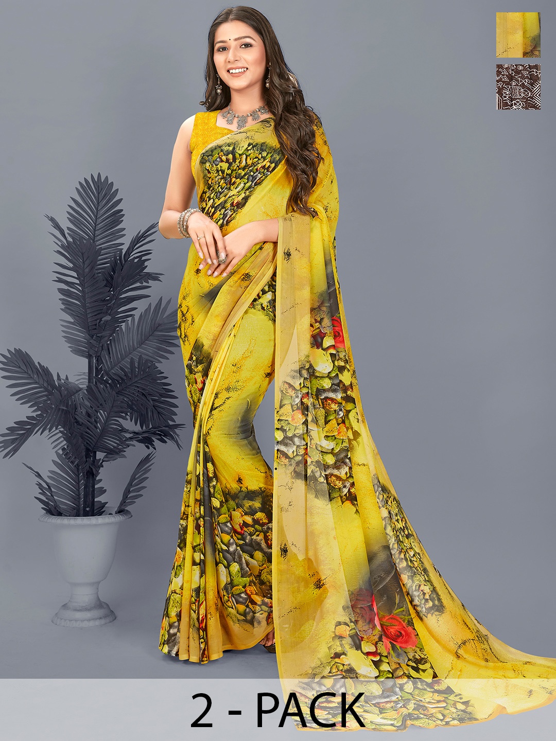 

ANAND SAREES Ethnic Motifs Saree Pack of 2, Brown