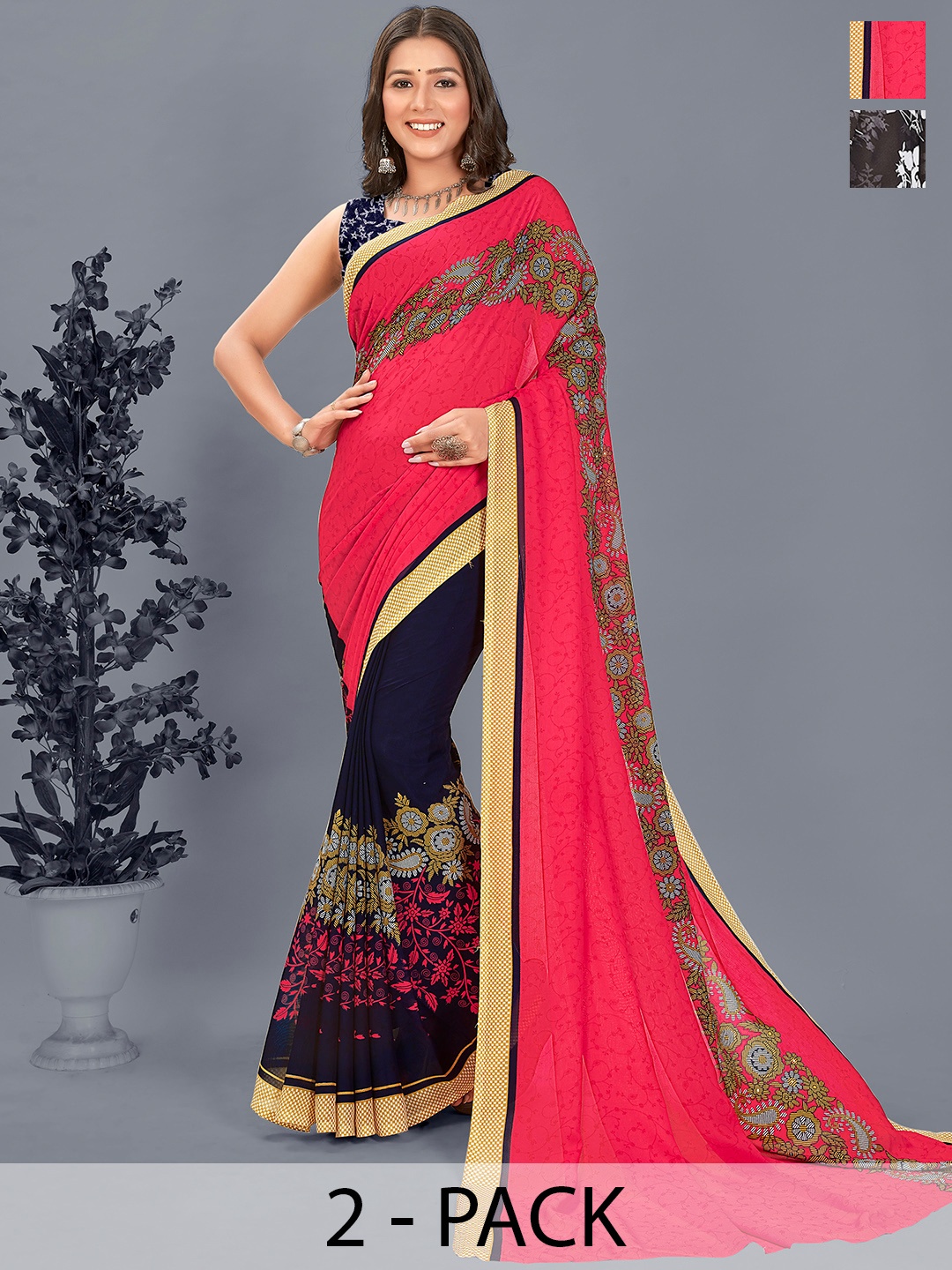 

ANAND SAREES Floral Saree Pack of 2, Black