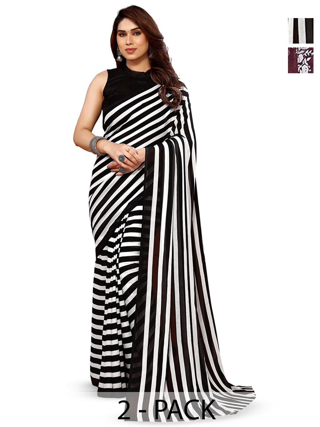 

ANAND SAREES Selection Of 2 Striped Printed Saree, Burgundy