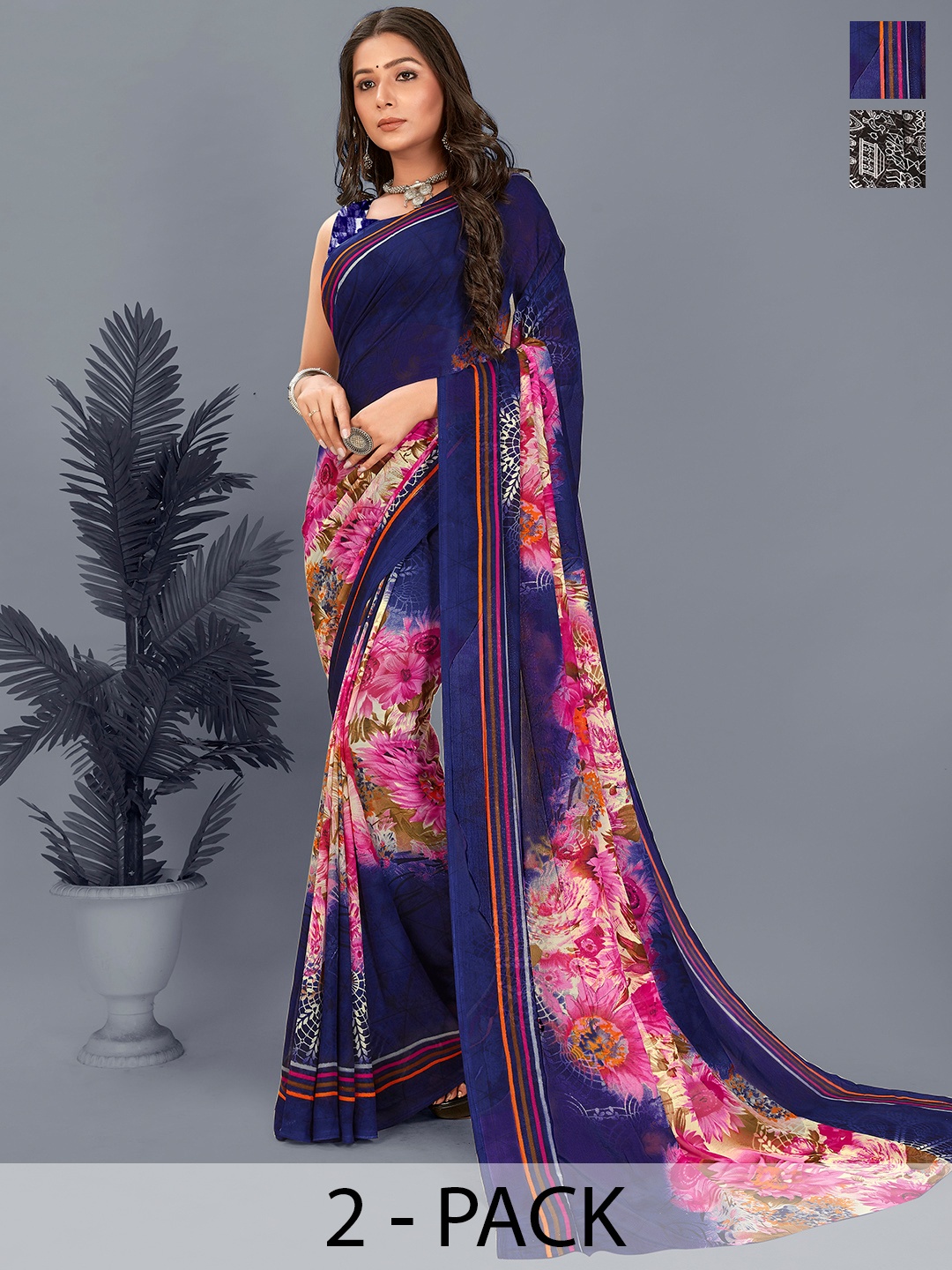 

ANAND SAREES Floral Saree Pack of 2, Black