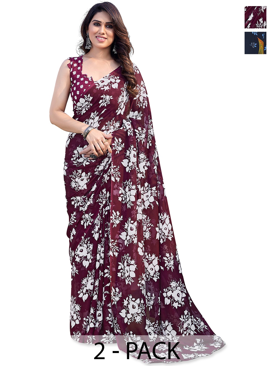 

ANAND SAREES Floral Saree Pack of 2, Blue