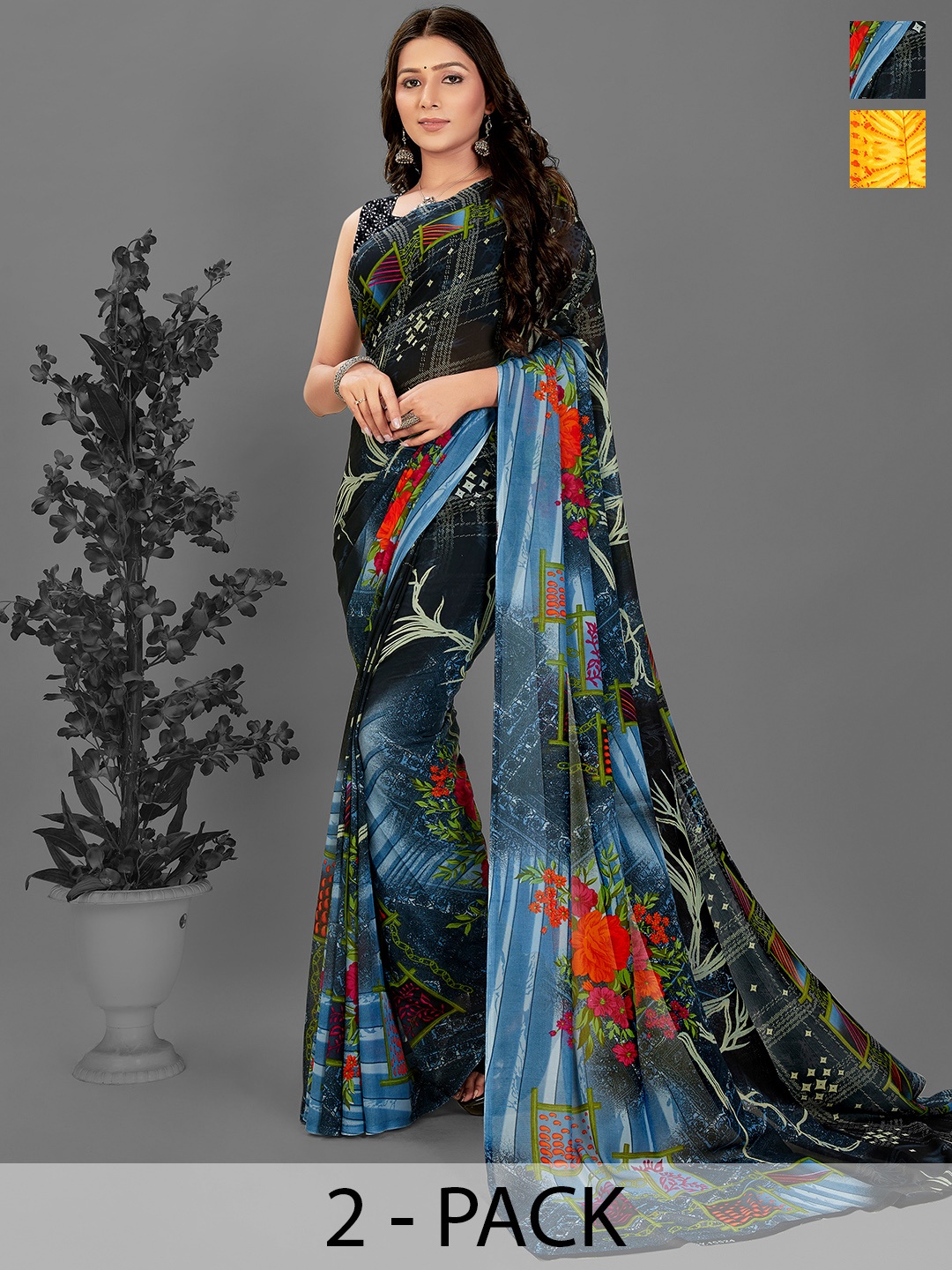 ANAND SAREES Floral Saree Pack of 2, Yellow