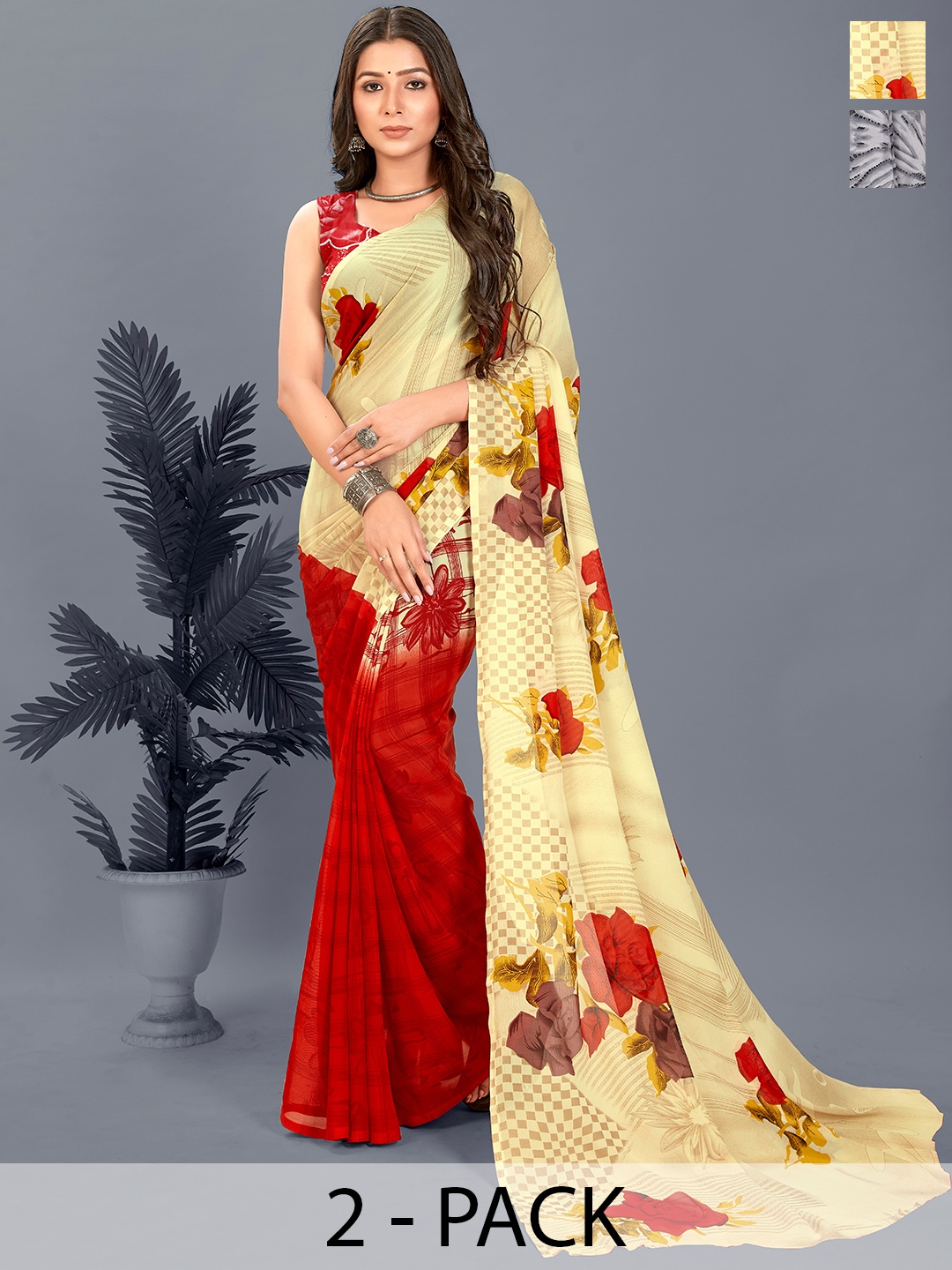 

ANAND SAREES Floral Saree Pack of 2, Grey