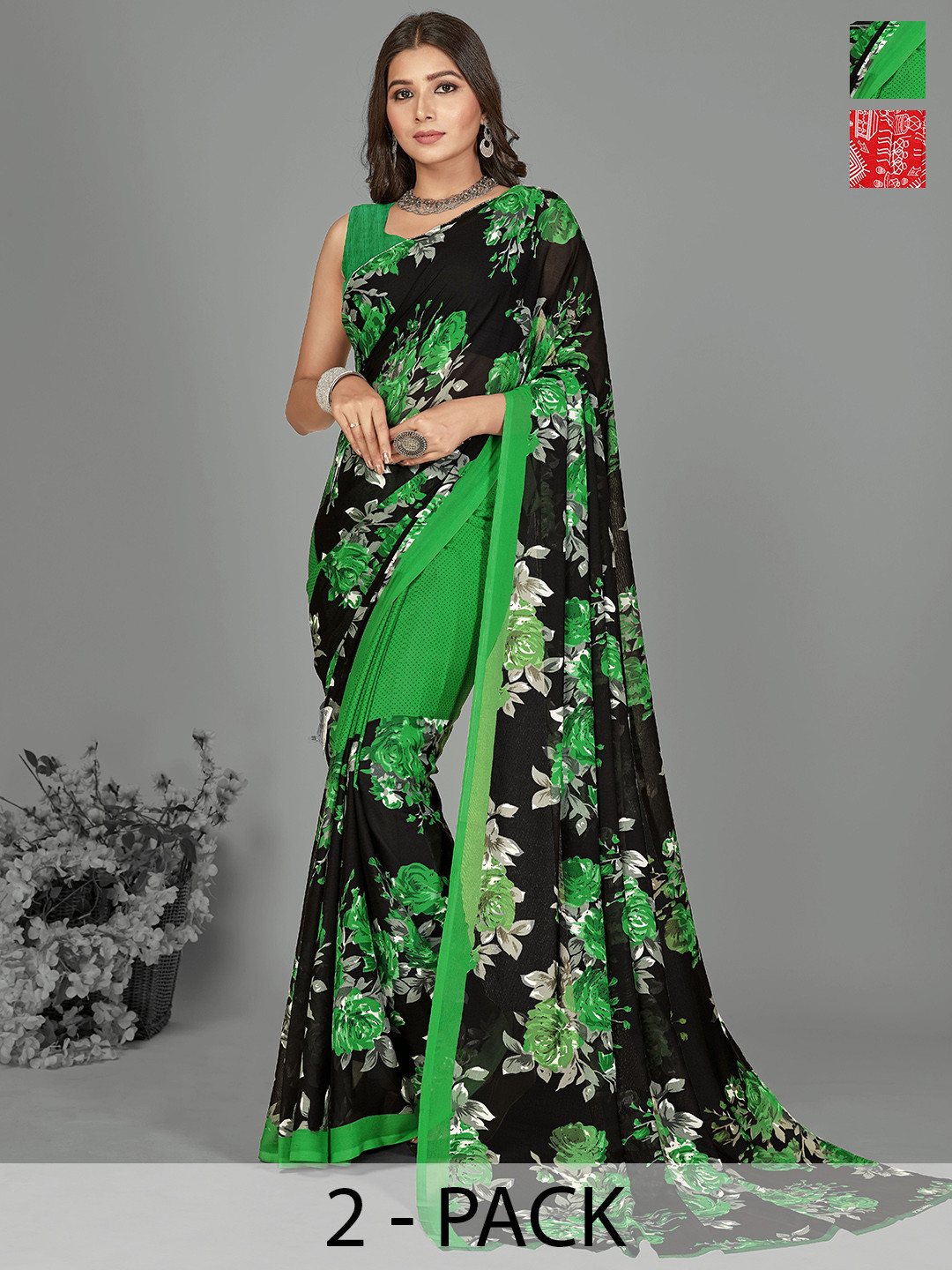 

ANAND SAREES Floral Saree Pack of 2, Red