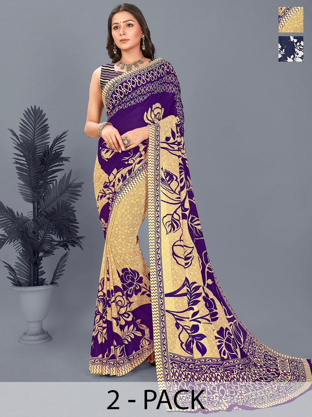 

ANAND SAREES Floral Poly Georgette Saree, Navy blue