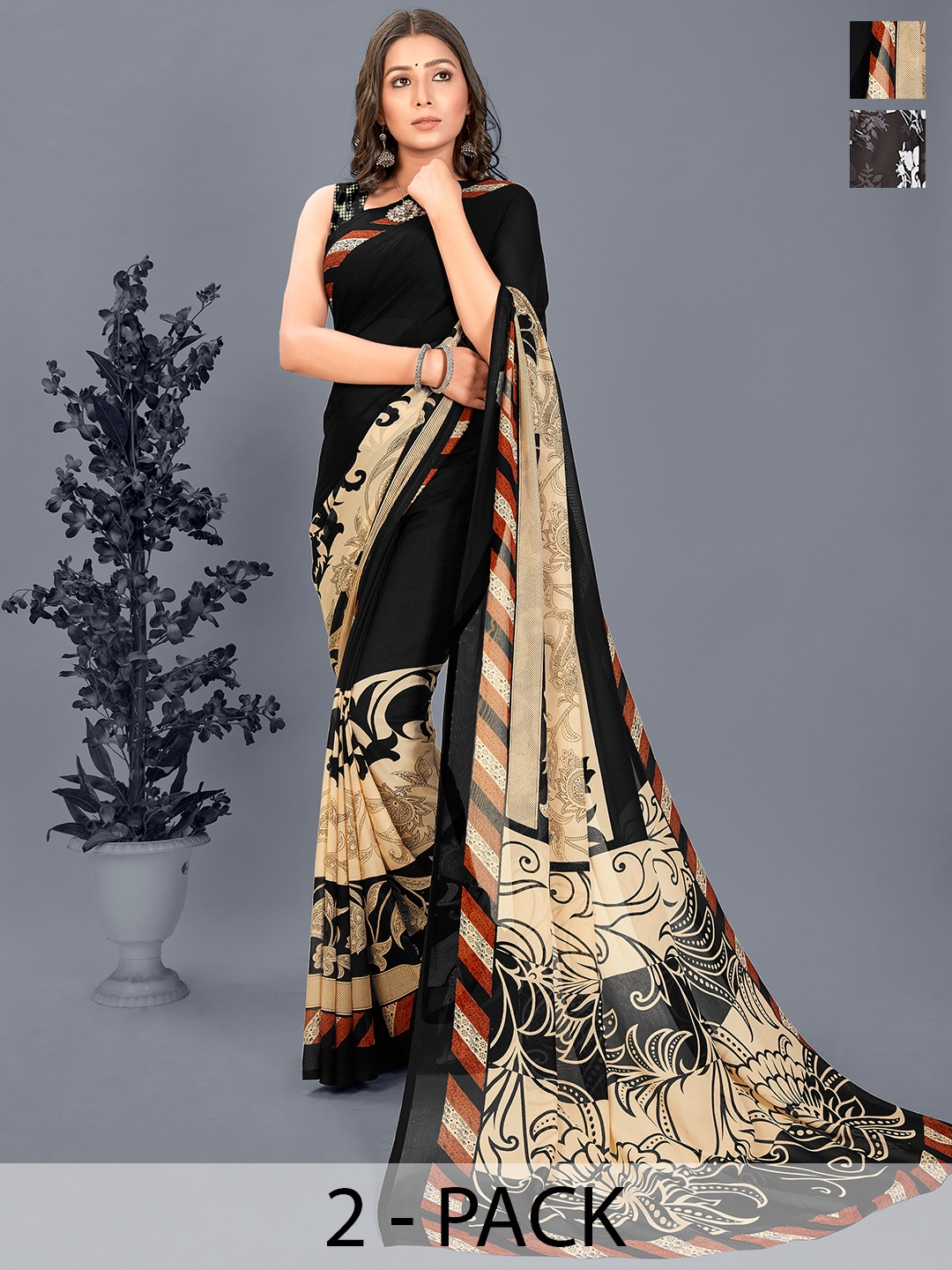 ANAND SAREES Floral Saree Pack of 2, Black