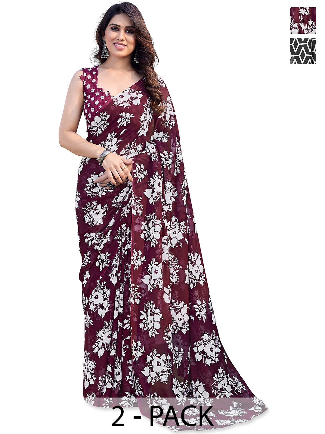 

ANAND SAREES Floral Saree Pack of 2, Burgundy
