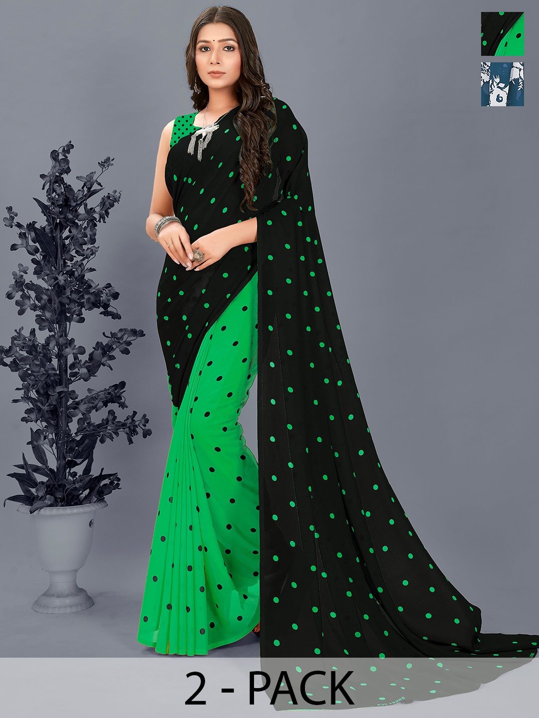 ANAND SAREES Floral Saree Pack of 2, Green