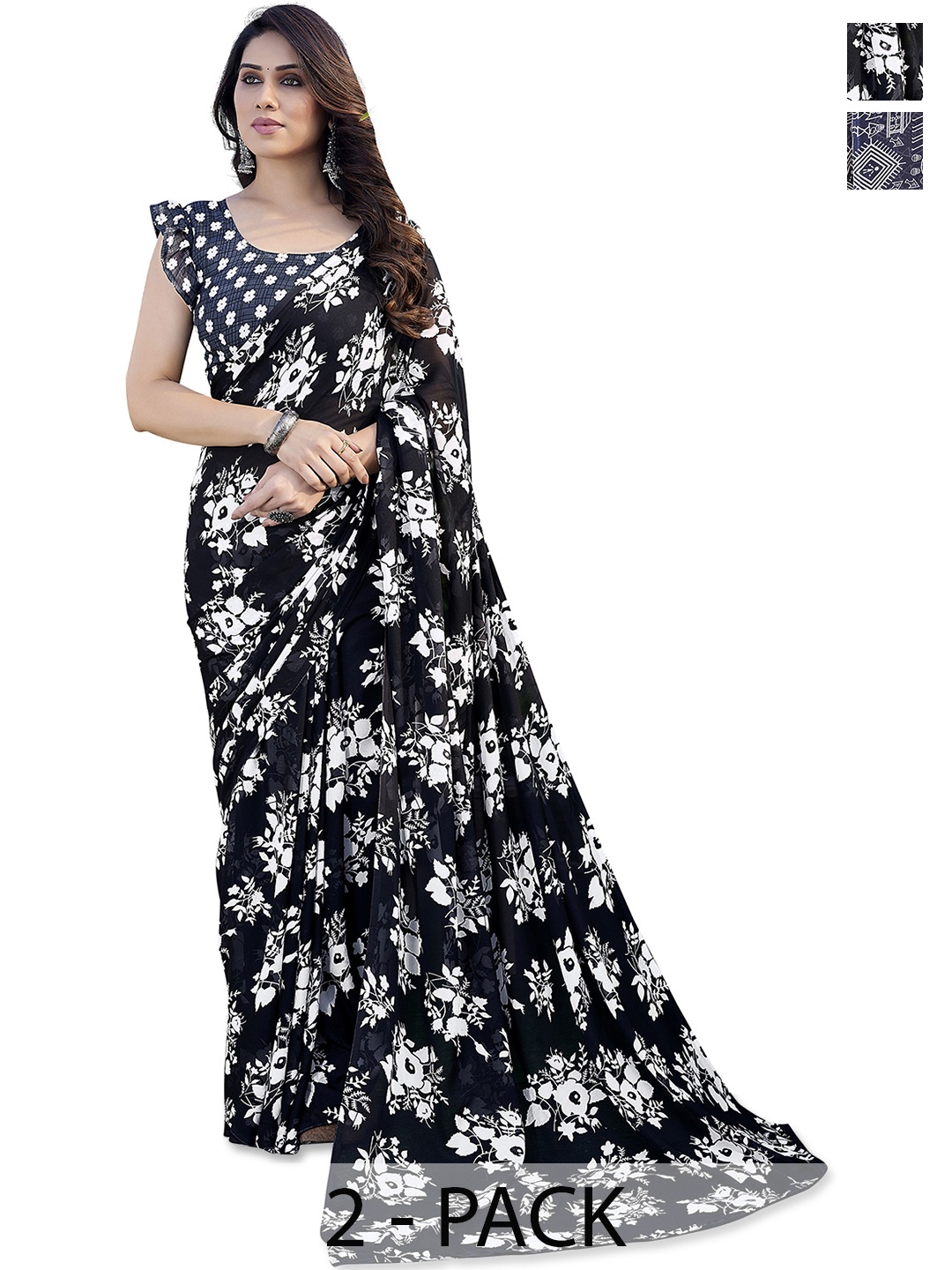 

ANAND SAREES Floral Saree Pack of 2, Black