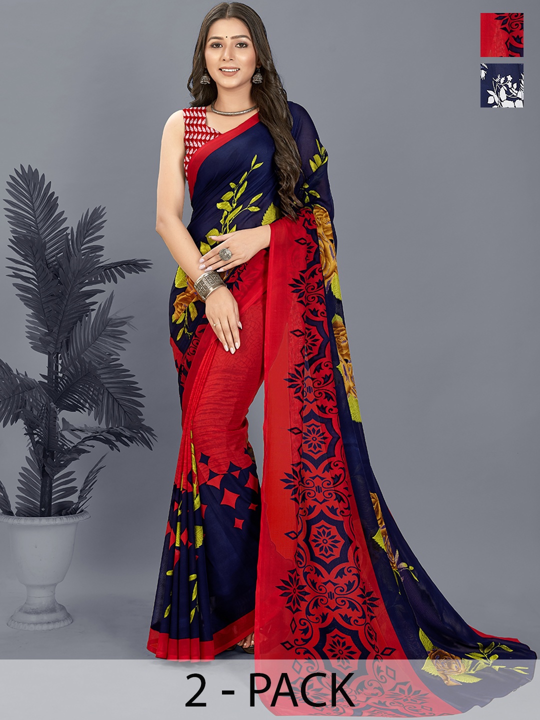 ANAND SAREES Floral Saree Pack of 2, Navy blue