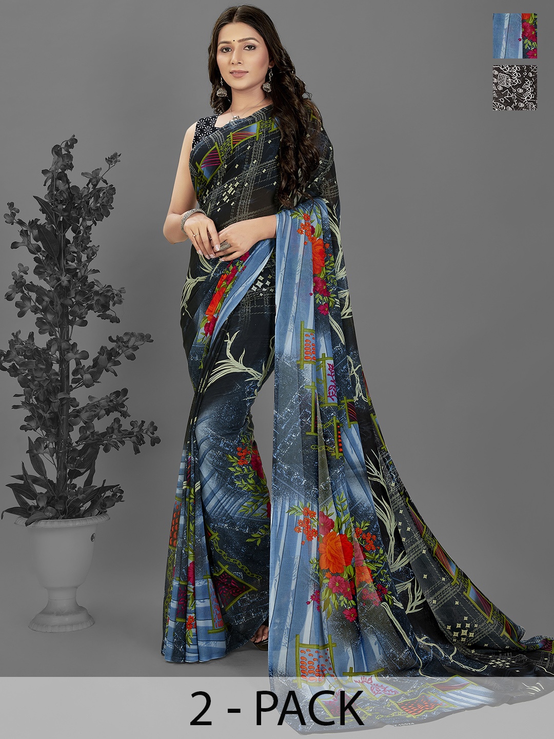 

ANAND SAREES Selection of 2 Printed Saree, Black