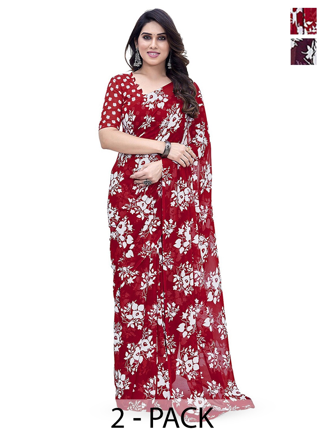 

ANAND SAREES Selection Of 2 Floral Printed Saree, Red