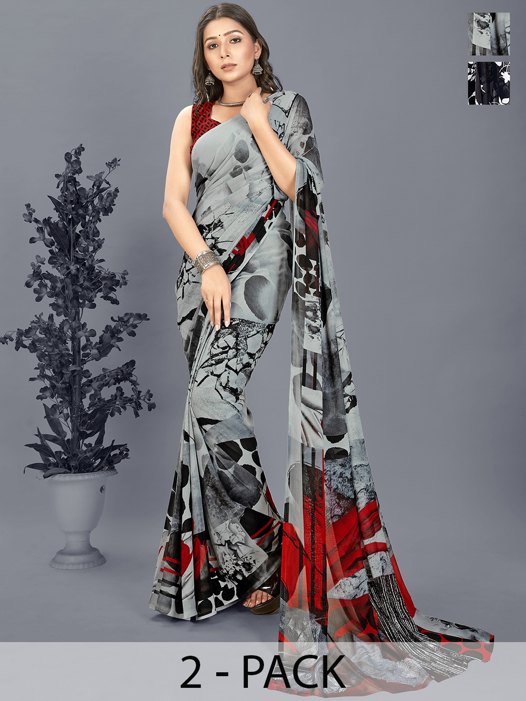 

ANAND SAREES Floral Saree Pack of 2, Black