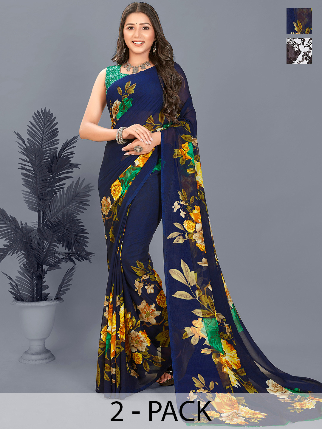 

ANAND SAREES Floral Saree Pack of 2, Brown