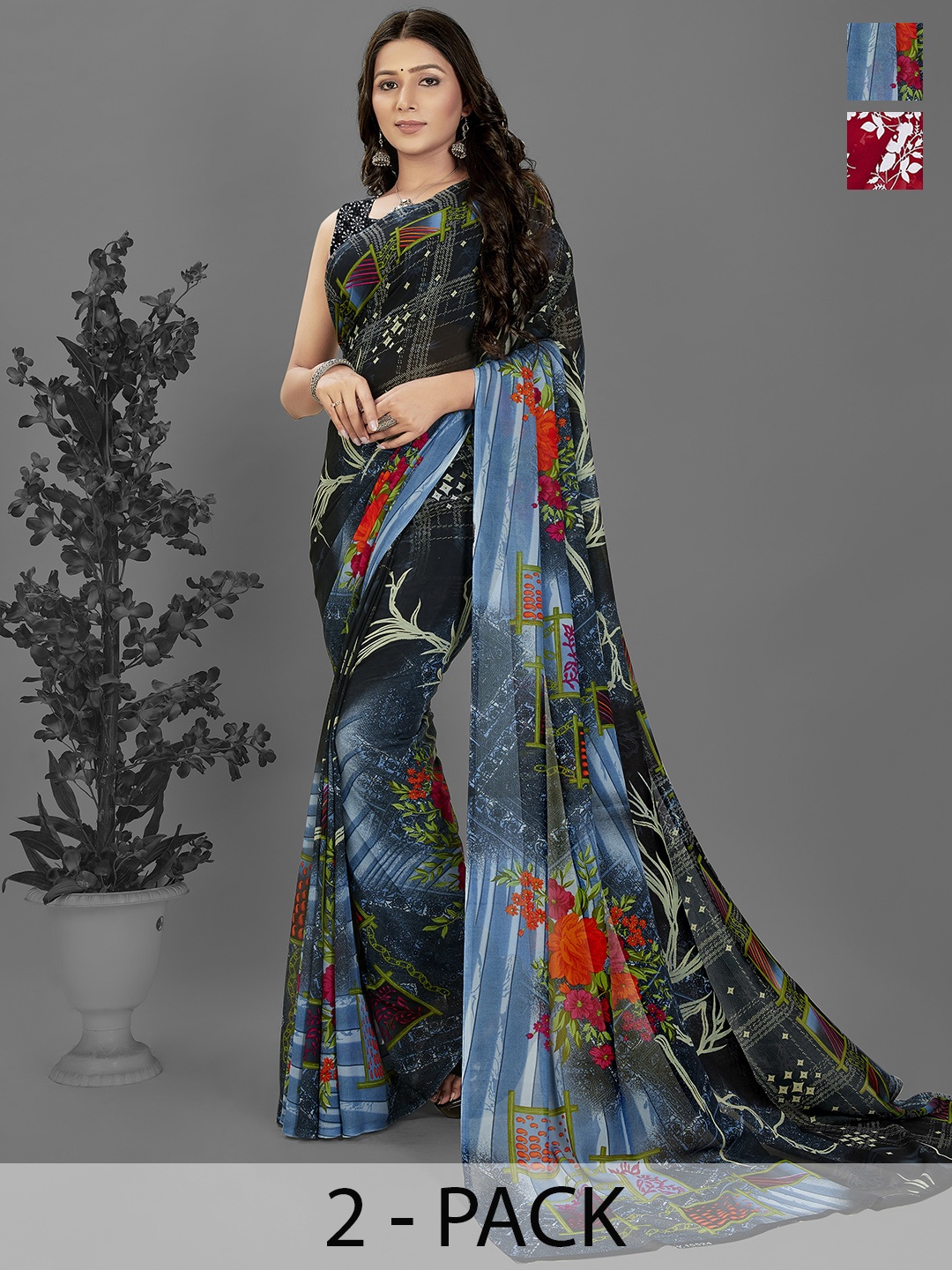 

ANAND SAREES Floral Saree Pack of 2, Red