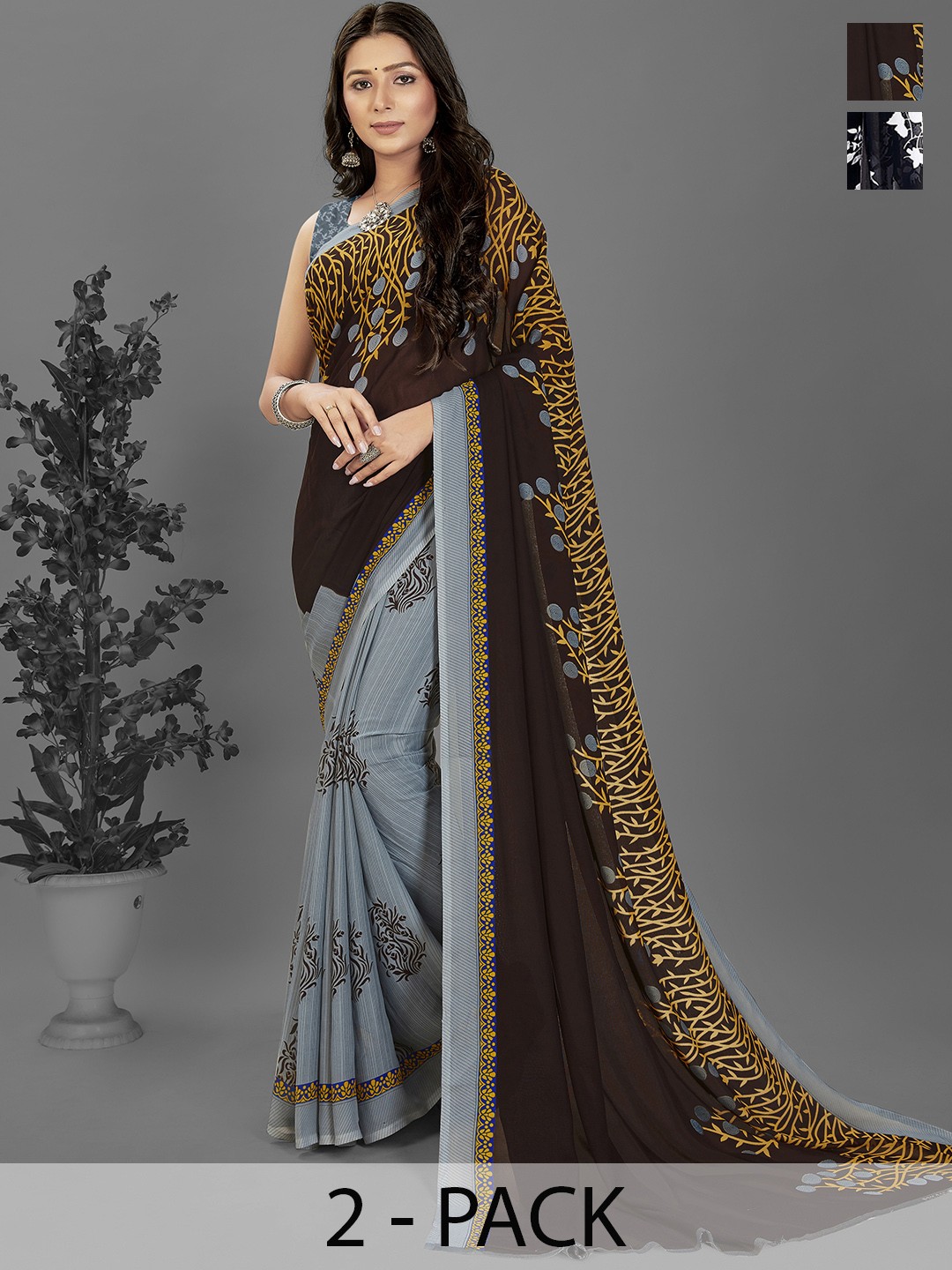 

ANAND SAREES Floral Saree Pack of 2, Brown