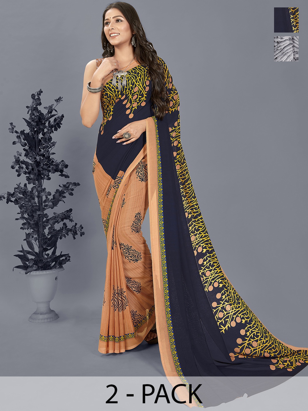 

ANAND SAREES Floral Saree Pack of 2, Grey