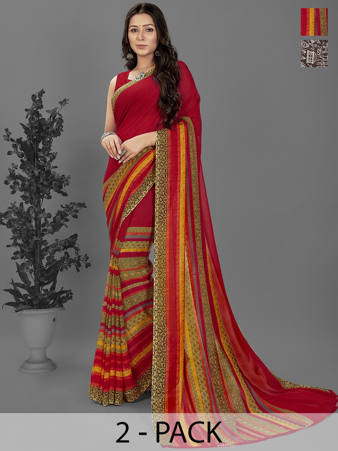 

ANAND SAREES Selection of 2 Printed Saree, Brown
